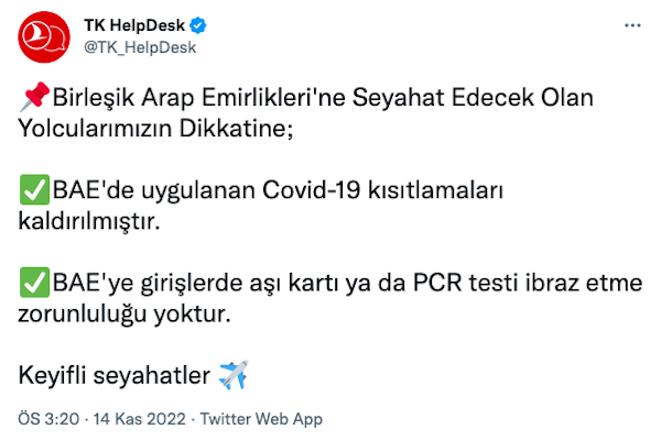 THY’den BAE uçuşları için duyuru