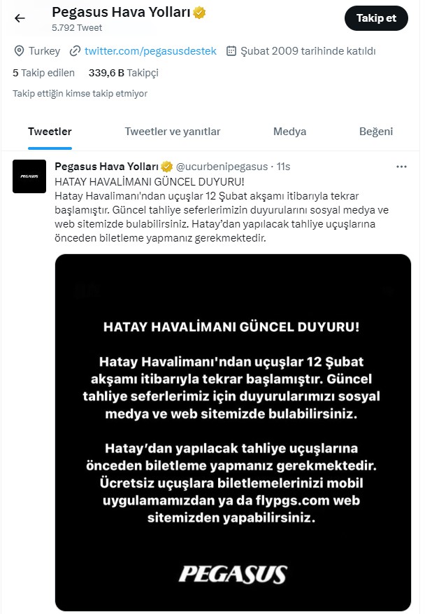 Pegasus, Hatay Havalimanı'ndan tahliye seferlerine devam edecek