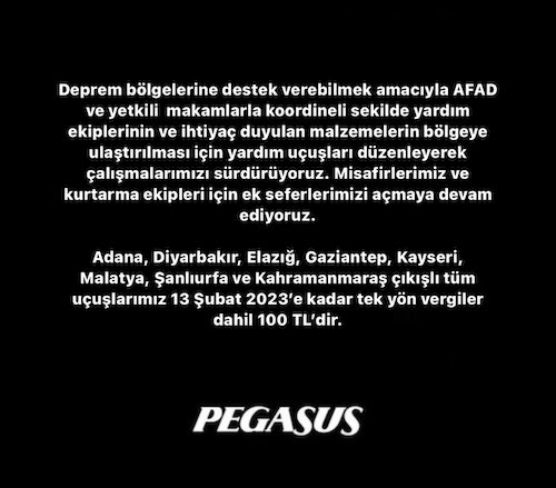 Pegasus deprem bölgesine yönelik uçuşlar