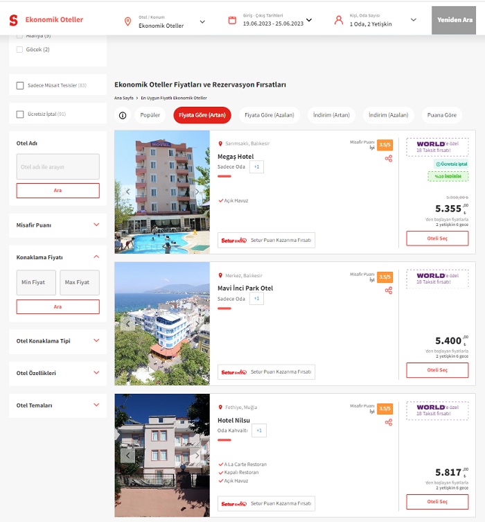 Setur'un web sitesinde yer alan Ekonomik Oteller Listesi. 