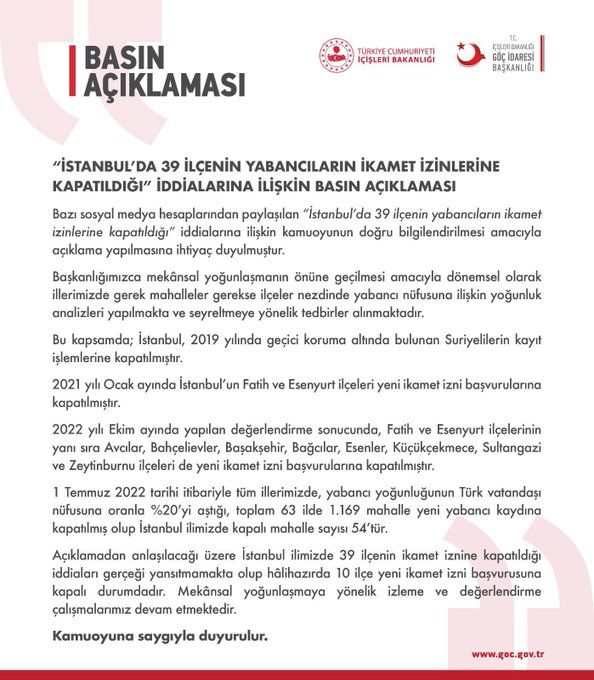 Göç İdaresi Başkanlığı: İstanbul göçmenlere tamamen kapatılmadı!