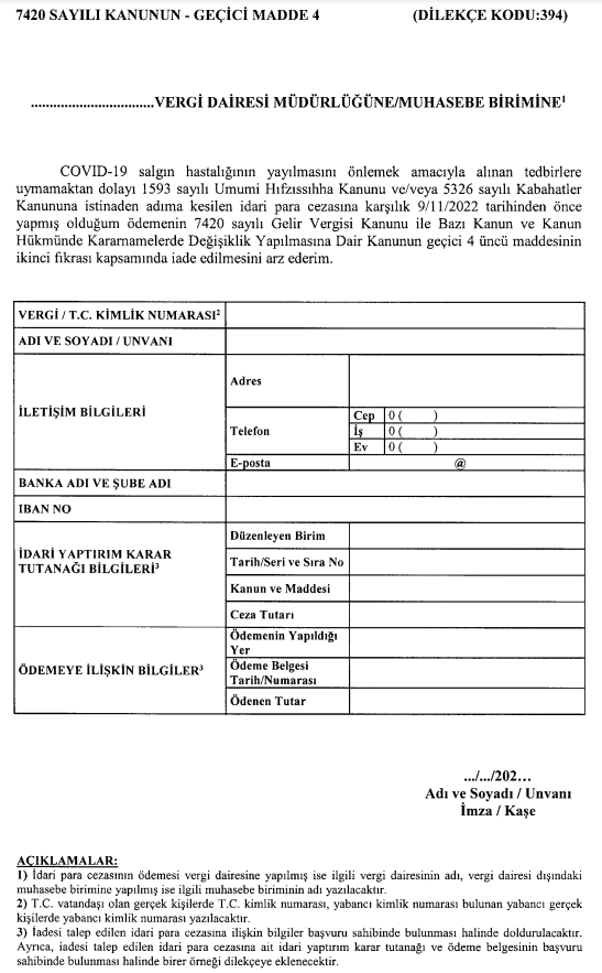 pandemi cezaları iade başvuru formu